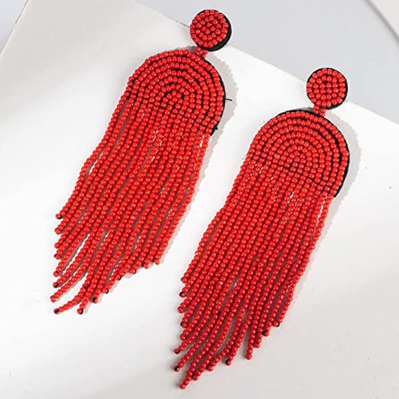Long 4.5" Red Modern Art Deco Oversized Beaded Earrings Handmade Bohemian Tassel - Picture 6 of 6